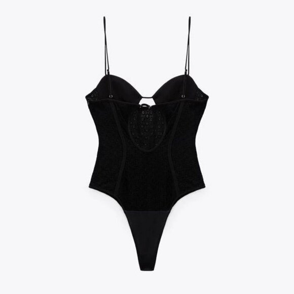 NWOT Zara black matching lace-like accented corsetry-inspired bodysuit, S - Picture 8 of 16